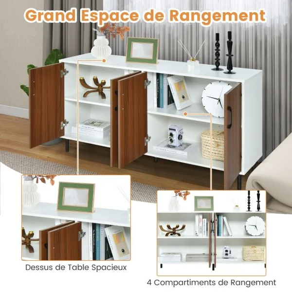 Buffet Bas 4 Portes 5 Pieds Métalliques 148x40x75,5CM Meuble de Rangement Dispositif Anti-basculement Marron+Blanc