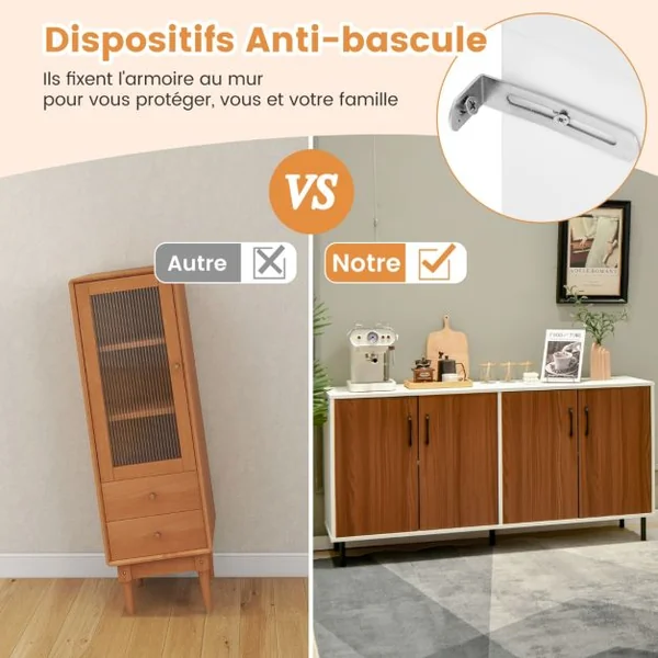 Buffet Bas 4 Portes 5 Pieds Métalliques 148x40x75,5CM Meuble de Rangement Dispositif Anti-basculement Marron+Blanc