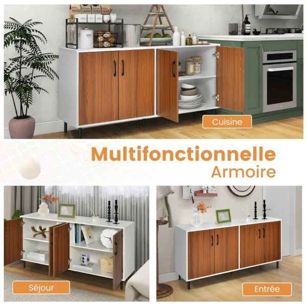 Buffet Bas 4 Portes 5 Pieds Métalliques 148x40x75,5CM Meuble de Rangement Dispositif Anti-basculement Marron+Blanc