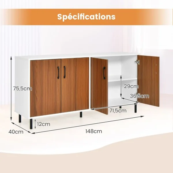 Buffet Bas 4 Portes 5 Pieds Métalliques 148x40x75,5CM Meuble de Rangement Dispositif Anti-basculement Marron+Blanc