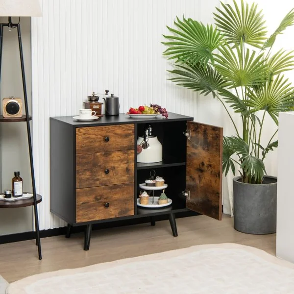 Buffet Bas Industriel Buffet Scandinave 3 Tiroirs Placard à Porte Étagère Réglable Kit Anti Renversement Inclus Meuble Bas 73 x 40 x 76,5 cm Café