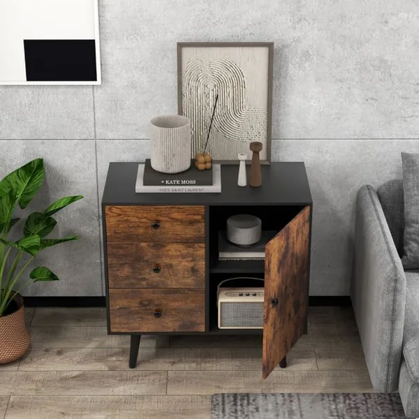 Buffet Bas Industriel Buffet Scandinave 3 Tiroirs Placard à Porte Étagère Réglable Kit Anti Renversement Inclus Meuble Bas 73 x 40 x 76,5 cm Café