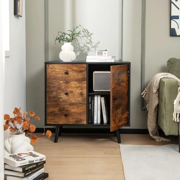 Buffet Bas Industriel Buffet Scandinave 3 Tiroirs Placard à Porte Étagère Réglable Kit Anti Renversement Inclus Meuble Bas 73 x 40 x 76,5 cm Café