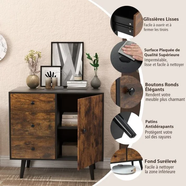 Buffet Bas Industriel Buffet Scandinave 3 Tiroirs Placard à Porte Étagère Réglable Kit Anti Renversement Inclus Meuble Bas 73 x 40 x 76,5 cm Café