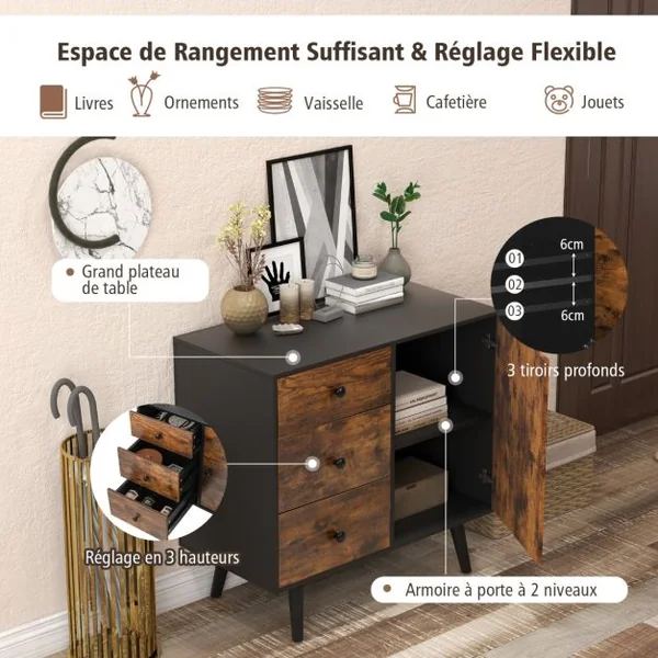 Buffet Bas Industriel Buffet Scandinave 3 Tiroirs Placard à Porte Étagère Réglable Kit Anti Renversement Inclus Meuble Bas 73 x 40 x 76,5 cm Café