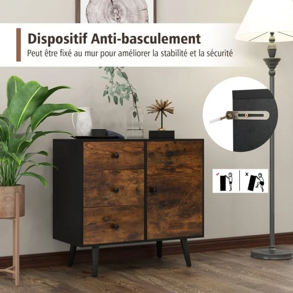 Buffet Bas Industriel Buffet Scandinave 3 Tiroirs Placard à Porte Étagère Réglable Kit Anti Renversement Inclus Meuble Bas 73 x 40 x 76,5 cm Café