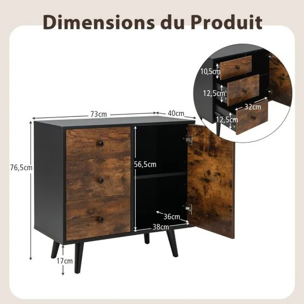 Buffet Bas Industriel Buffet Scandinave 3 Tiroirs Placard à Porte Étagère Réglable Kit Anti Renversement Inclus Meuble Bas 73 x 40 x 76,5 cm Café