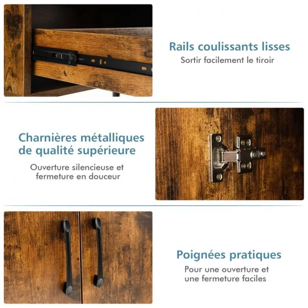 Buffet Bas Meuble de Rangement Industriel 2 Portes 1 Tiroir pour Salon Salle à Manger Entrée 76x40x78 cm Marron Rustique