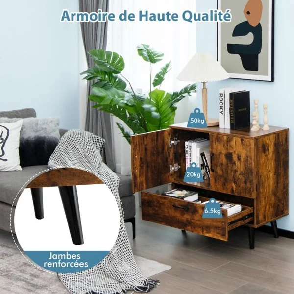 Buffet Bas Meuble de Rangement Industriel 2 Portes 1 Tiroir pour Salon Salle à Manger Entrée 76x40x78 cm Marron Rustique