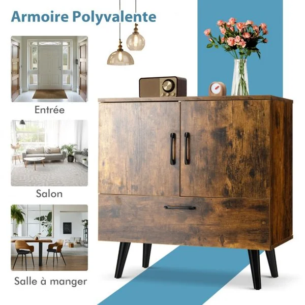 Buffet Bas Meuble de Rangement Industriel 2 Portes 1 Tiroir pour Salon Salle à Manger Entrée 76x40x78 cm Marron Rustique