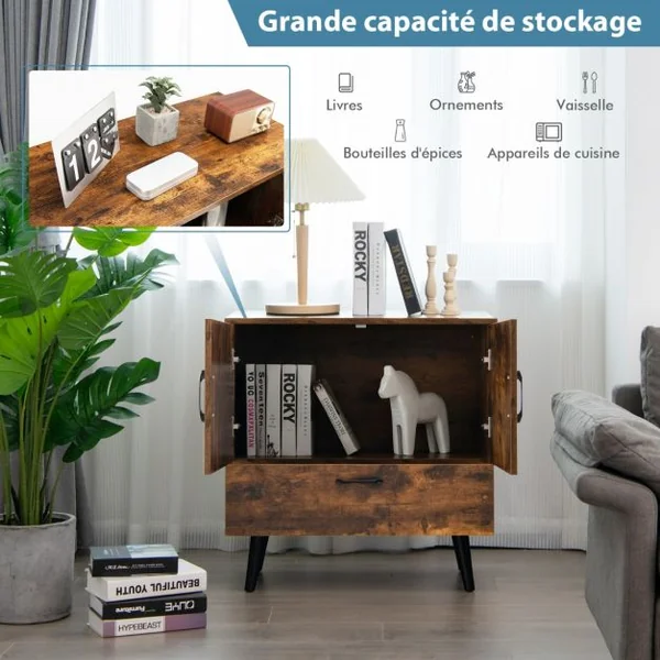 Buffet Bas Meuble de Rangement Industriel 2 Portes 1 Tiroir pour Salon Salle à Manger Entrée 76x40x78 cm Marron Rustique
