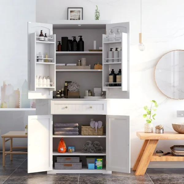 Buffet Cuisine 4 Portes Tiroir Vaisselier Cuisine 183 Cm avec Casiers Latéraux Armoire Cuisine pour Salle à Manger Buanderie Salon Blanc