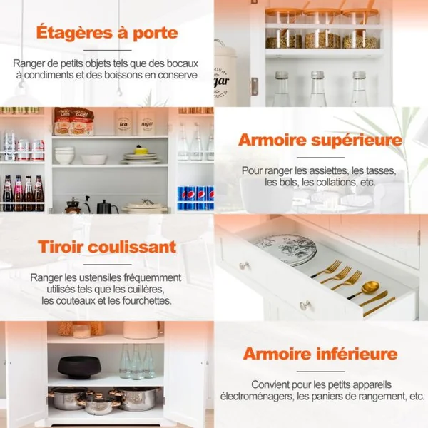 Buffet Cuisine 4 Portes Tiroir Vaisselier Cuisine 183 Cm avec Casiers Latéraux Armoire Cuisine pour Salle à Manger Buanderie Salon Blanc