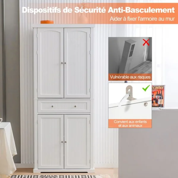 Buffet Cuisine 4 Portes Tiroir Vaisselier Cuisine 183 Cm avec Casiers Latéraux Armoire Cuisine pour Salle à Manger Buanderie Salon Blanc