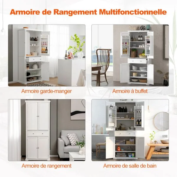 Buffet Cuisine 4 Portes Tiroir Vaisselier Cuisine 183 Cm avec Casiers Latéraux Armoire Cuisine pour Salle à Manger Buanderie Salon Blanc