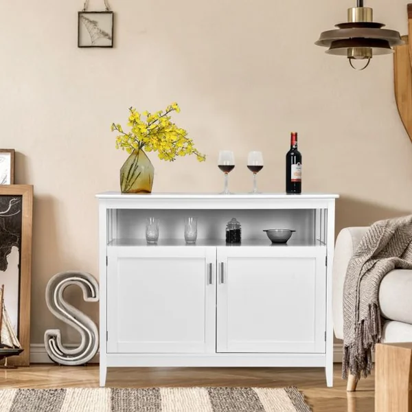 Buffet Cuisine avec 2 Portes 114x51x91 CM Meuble de Rangement Moderne avec Étagère Réglable pour Salon Salle à Manger Blanc