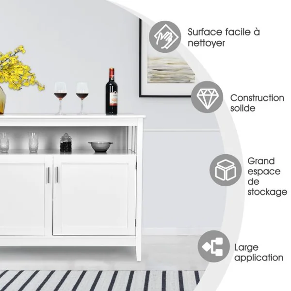 Buffet Cuisine avec 2 Portes 114x51x91 CM Meuble de Rangement Moderne avec Étagère Réglable pour Salon Salle à Manger Blanc