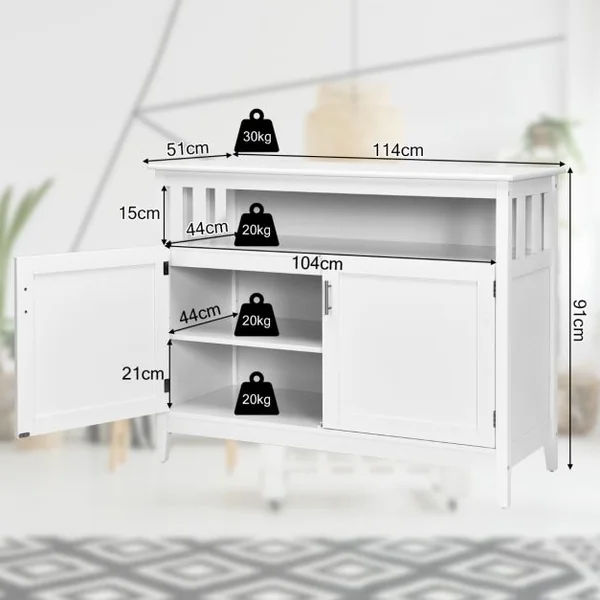 Buffet Cuisine avec 2 Portes 114x51x91 CM Meuble de Rangement Moderne avec Étagère Réglable pour Salon Salle à Manger Blanc