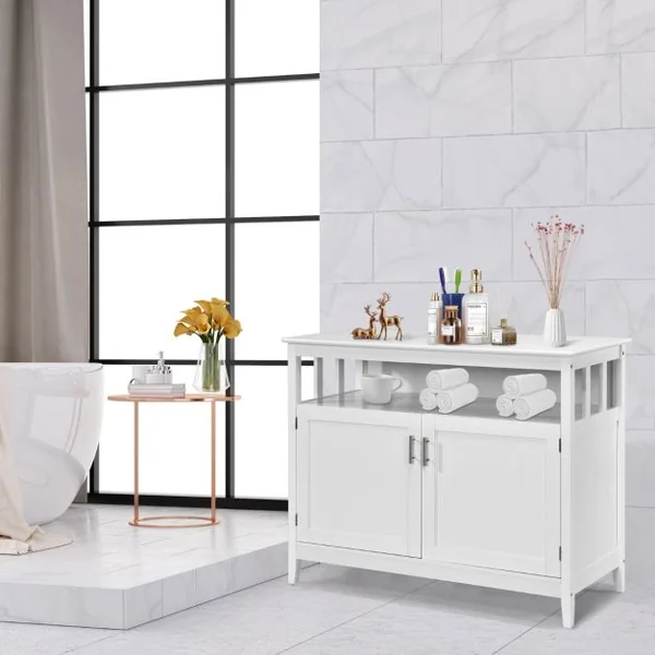 Buffet Cuisine avec 2 Portes 114x51x91 CM Meuble de Rangement Moderne avec Étagère Réglable pour Salon Salle à Manger Blanc