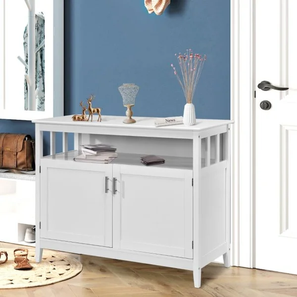Buffet Cuisine avec 2 Portes 114x51x91 CM Meuble de Rangement Moderne avec Étagère Réglable pour Salon Salle à Manger Blanc