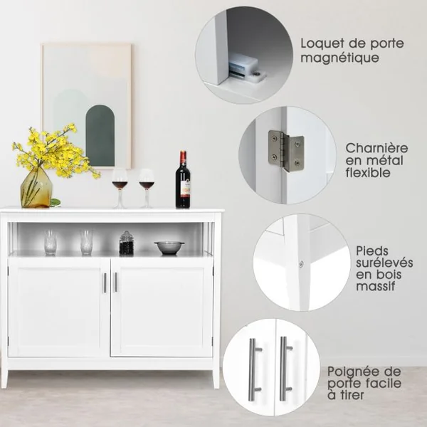 Buffet Cuisine avec 2 Portes 114x51x91 CM Meuble de Rangement Moderne avec Étagère Réglable pour Salon Salle à Manger Blanc
