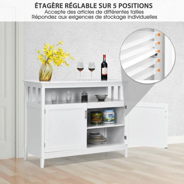 Buffet Cuisine avec 2 Portes 114x51x91 CM Meuble de Rangement Moderne avec Étagère Réglable pour Salon Salle à Manger Blanc