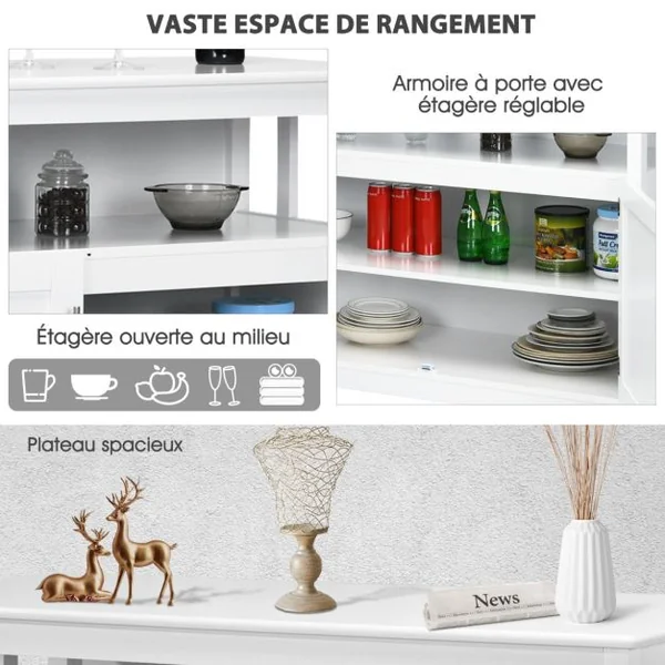 Buffet Cuisine avec 2 Portes 114x51x91 CM Meuble de Rangement Moderne avec Étagère Réglable pour Salon Salle à Manger Blanc