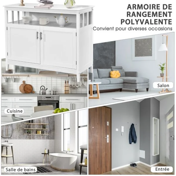 Buffet Cuisine avec 2 Portes 114x51x91 CM Meuble de Rangement Moderne avec Étagère Réglable pour Salon Salle à Manger Blanc