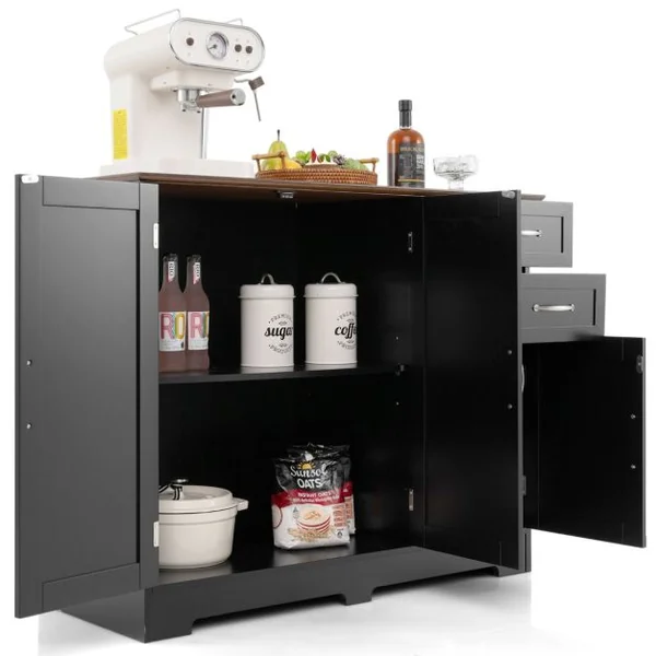 Buffet Cuisine Meuble Bas Cuisine 2 Placards 2 Tiroirs Étagère Réglable Buffet Salle à Manger pour Cuisine Salon Blanc 100x40x78cm Noir