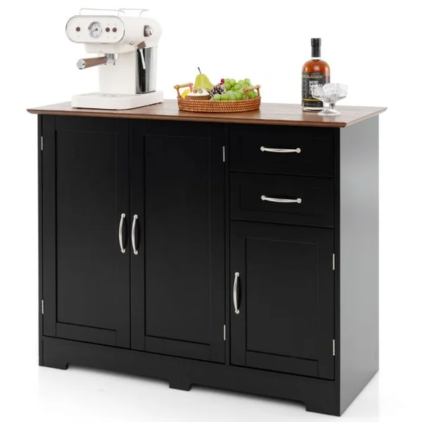 Buffet Cuisine Meuble Bas Cuisine 2 Placards 2 Tiroirs Étagère Réglable Buffet Salle à Manger pour Cuisine Salon Blanc 100x40x78cm Noir