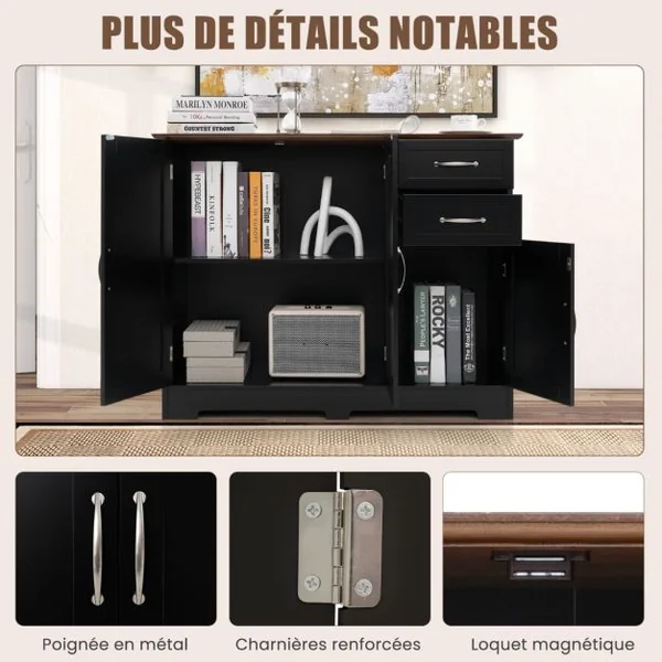 Buffet Cuisine Meuble Bas Cuisine 2 Placards 2 Tiroirs Étagère Réglable Buffet Salle à Manger pour Cuisine Salon Blanc 100x40x78cm Noir