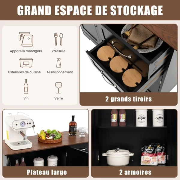 Buffet Cuisine Meuble Bas Cuisine 2 Placards 2 Tiroirs Étagère Réglable Buffet Salle à Manger pour Cuisine Salon Blanc 100x40x78cm Noir