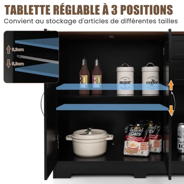 Buffet Cuisine Meuble Bas Cuisine 2 Placards 2 Tiroirs Étagère Réglable Buffet Salle à Manger pour Cuisine Salon Blanc 100x40x78cm Noir