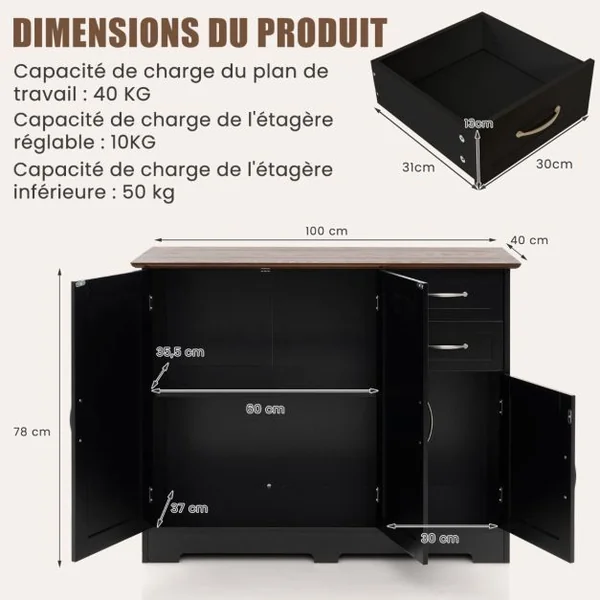 Buffet Cuisine Meuble Bas Cuisine 2 Placards 2 Tiroirs Étagère Réglable Buffet Salle à Manger pour Cuisine Salon Blanc 100x40x78cm Noir