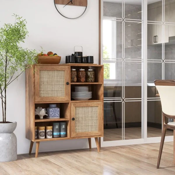 Buffet Cuisine Meuble de Rangement avec 2 Placards 4 Compartiments Porte Cannage Pieds en Bois Massif 80 x 29,5 x 97 cm