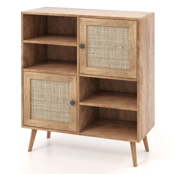 Buffet Cuisine Meuble de Rangement avec 2 Placards 4 Compartiments Porte Cannage Pieds en Bois Massif 80 x 29,5 x 97 cm