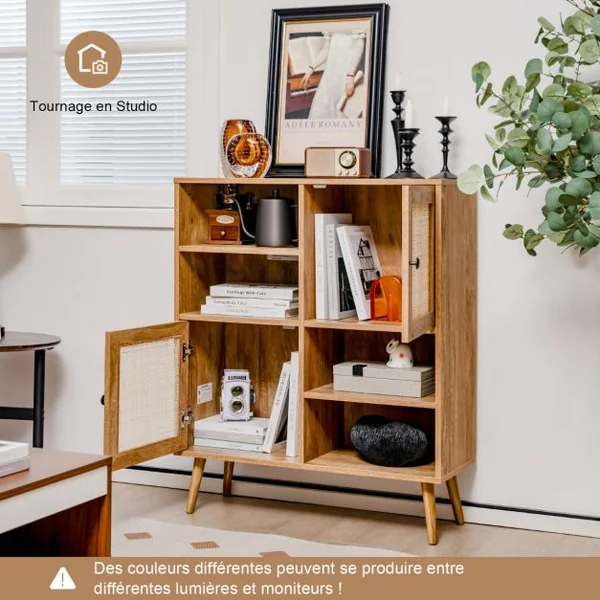 Buffet Cuisine Meuble de Rangement avec 2 Placards 4 Compartiments Porte Cannage Pieds en Bois Massif 80 x 29,5 x 97 cm