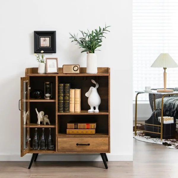 Buffet Cuisine à Porte Vitrée avec Tiroir 5 Compartiments Meuble de Rangement avec Porte-Verre Porte-Bouteilles, 80x40x95cm Naturel