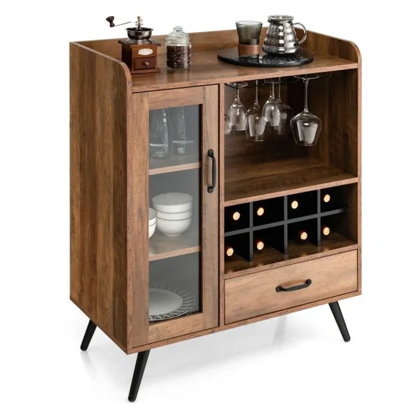 Buffet Cuisine à Porte Vitrée avec Tiroir 5 Compartiments Meuble de Rangement avec Porte-Verre Porte-Bouteilles, 80x40x95cm Naturel