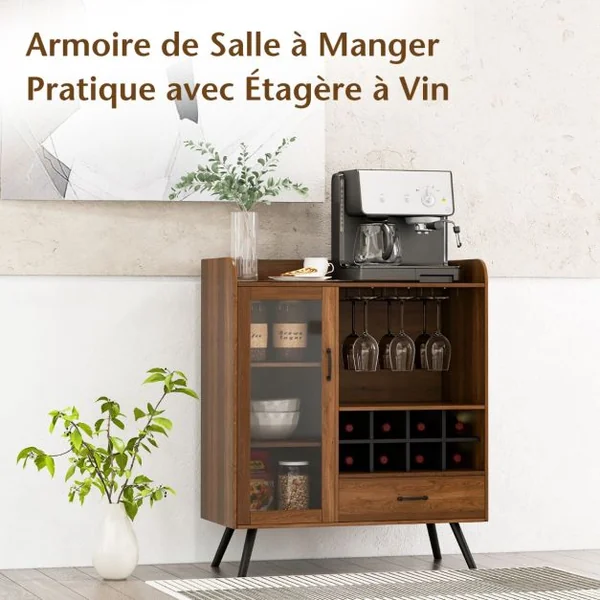 Buffet Cuisine à Porte Vitrée avec Tiroir 5 Compartiments Meuble de Rangement avec Porte-Verre Porte-Bouteilles, 80x40x95cm Naturel