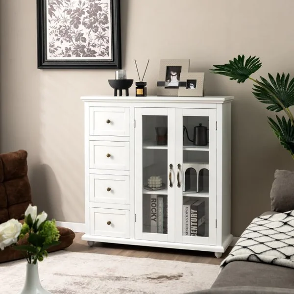 Buffet de Cuisine 2 Portes en Verre Trempé Transparent 4 Tiroirs Dispositif Anti-basculement et Étagère réglable Blanc