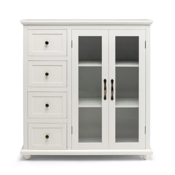 Buffet de Cuisine 2 Portes en Verre Trempé Transparent 4 Tiroirs Dispositif Anti-basculement et Étagère réglable Blanc