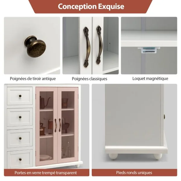 Buffet de Cuisine 2 Portes en Verre Trempé Transparent 4 Tiroirs Dispositif Anti-basculement et Étagère réglable Blanc