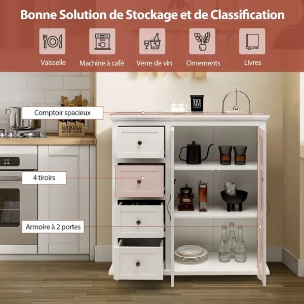 Buffet de Cuisine 2 Portes en Verre Trempé Transparent 4 Tiroirs Dispositif Anti-basculement et Étagère réglable Blanc