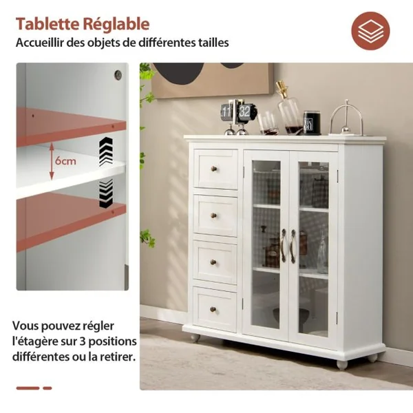 Buffet de Cuisine 2 Portes en Verre Trempé Transparent 4 Tiroirs Dispositif Anti-basculement et Étagère réglable Blanc