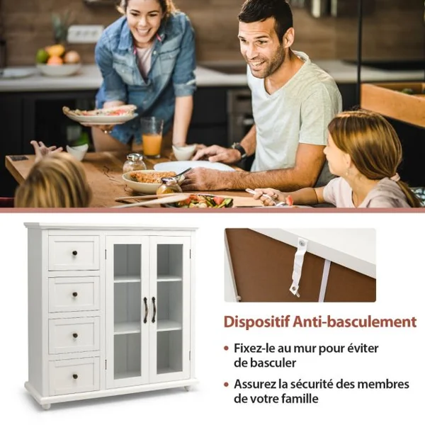 Buffet de Cuisine 2 Portes en Verre Trempé Transparent 4 Tiroirs Dispositif Anti-basculement et Étagère réglable Blanc