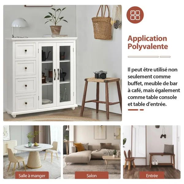 Buffet de Cuisine 2 Portes en Verre Trempé Transparent 4 Tiroirs Dispositif Anti-basculement et Étagère réglable Blanc