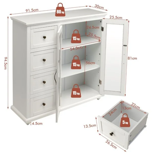 Buffet de Cuisine 2 Portes en Verre Trempé Transparent 4 Tiroirs Dispositif Anti-basculement et Étagère réglable Blanc