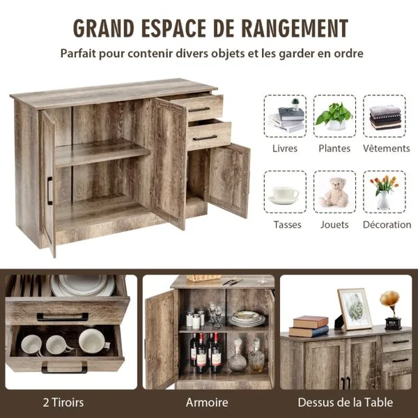 Buffet de Cuisine 3 Portes et 2 Tiroirs 110x40x78 CM Buffet Bas Étagère Réglable Salon Bureau et Salle à Manger