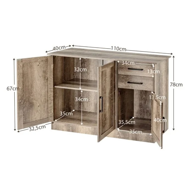 Buffet de Cuisine 3 Portes et 2 Tiroirs 110x40x78 CM Buffet Bas Étagère Réglable Salon Bureau et Salle à Manger